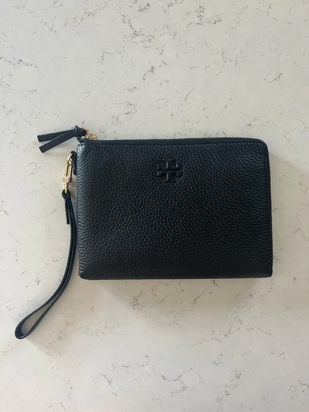 Tory Burch Black Pebbled Leather Zip Wristlet with Gold Hardware